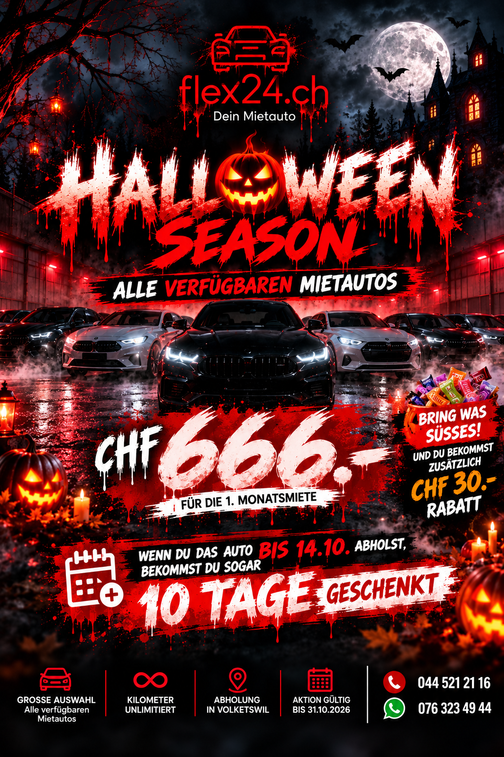 Halloween Season: CHF 666 für die erste Monatsmiete. Bring was Süsses und erhalte CHF 30 Rabatt. Bei Abholung bis 14.10. zehn Tage geschenkt. Aktion gültig bis 31.10.2026.