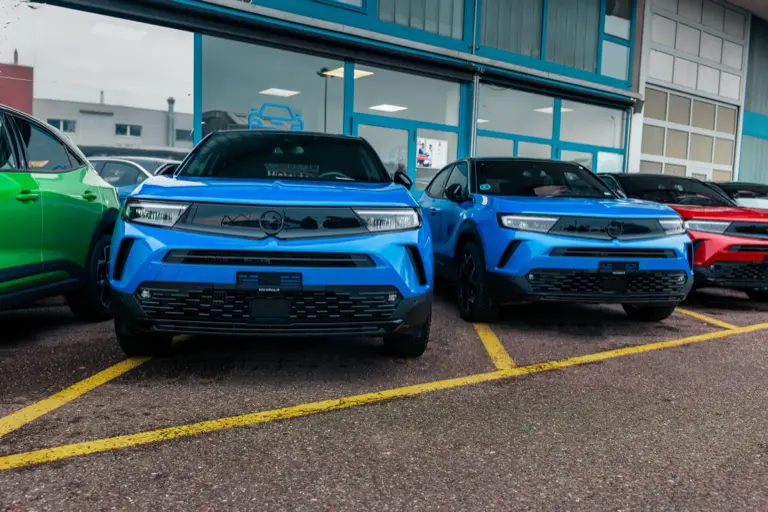 Blaue Flex24 Mietfahrzeuge vor dem Standort in Hegnau-Volketswil